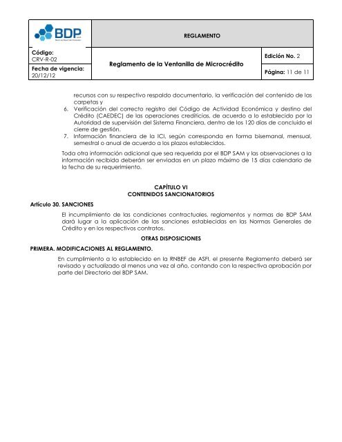 Reglamento de la Ventanilla de Microcrédito - Banco de Desarrollo ...