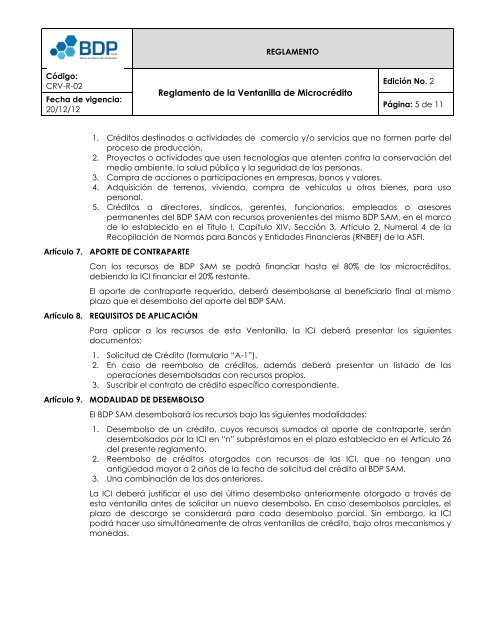 Reglamento de la Ventanilla de Microcrédito - Banco de Desarrollo ...