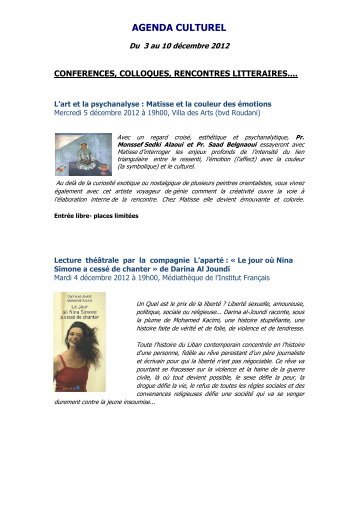 Agenda culturel du 3 au 10 dÃ©cembre 2012 - LycÃ©e Lyautey