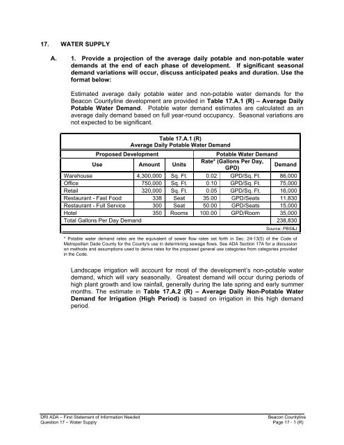 17. WATER SUPPLY A. 1. Provide a projection of the average daily ...