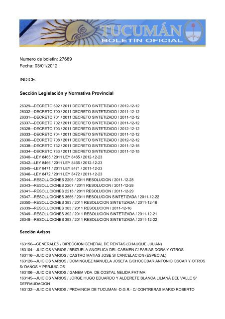Numero de boletin: 27689 Fecha: 03/01/2012 INDICE: SecciÃ³n ...