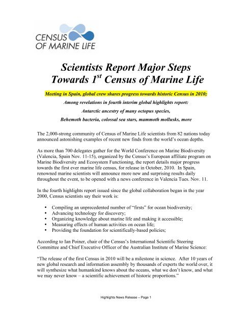 Full press release - Census of Marine Life
