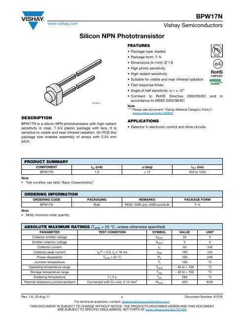 BPW17N Silicon NPN Phototransistor - Vishay