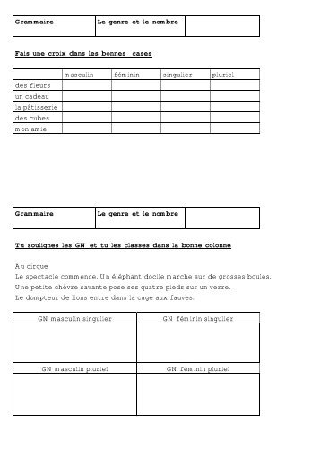 Grammaire Le genre et le nombre Fais une croix dans les bonnes ...