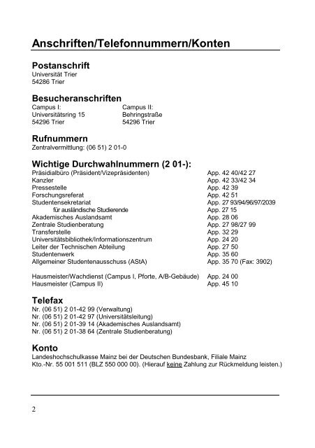 Anschriften/Telefonnummern/Konten - Universität Trier
