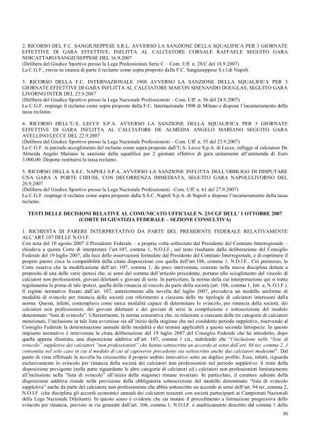 Stagione sportiva 2007 - 2008 - Diritto Calcistico