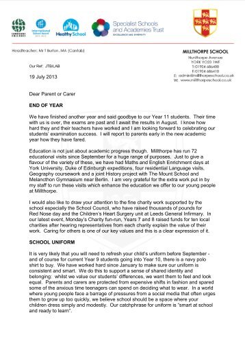 End of Year Letter - Millthorpe School York