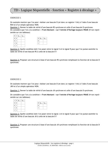 TD - Logique SÃ©quentielle - fonction Â« Registre Ã  dÃ©calage Â»