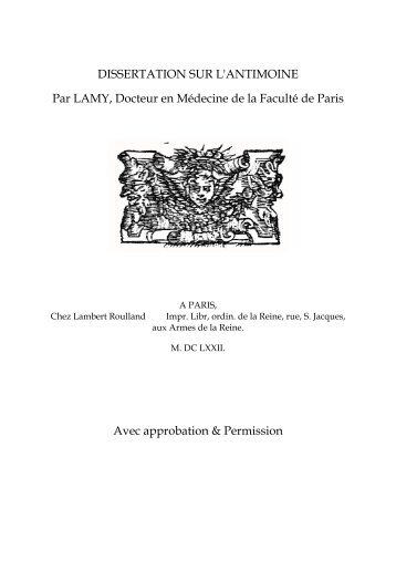 DISSERTATION SUR L'ANTIMOINE Par LAMY, Docteur en ...