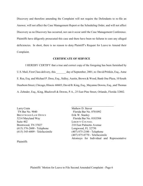 Plaintiffs' Motion for Leave to File Second ... - Liberty Counsel