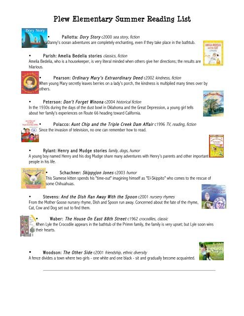 Plew Elementary Summer Reading List Kindergarten - Okaloosa ...