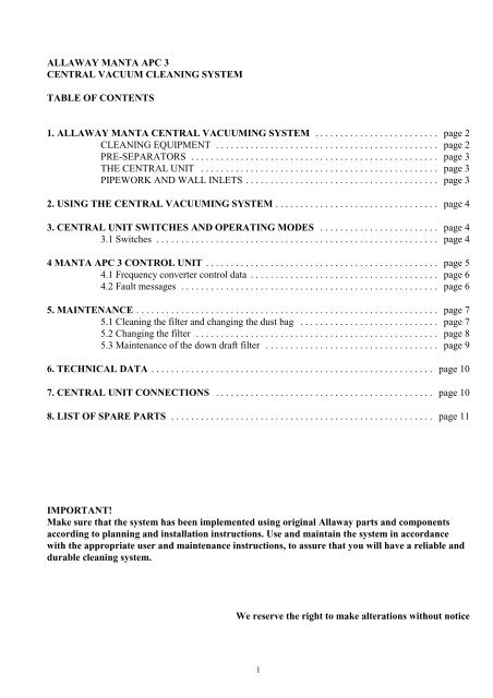 Manta APC 3 -central vacuum cleaner instructions for ... - Allaway Oy