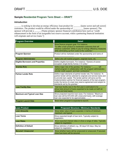 Sample Residential Program Term Sheet