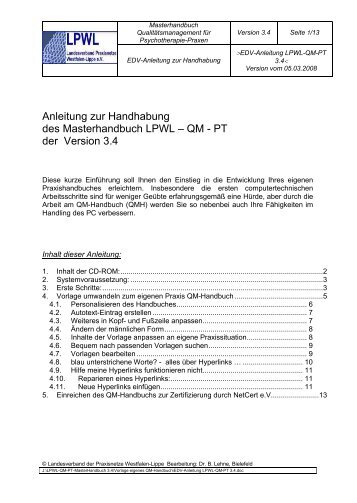 Anleitung zur Handhabung des Masterhandbuch LPWL â QM - PT ...