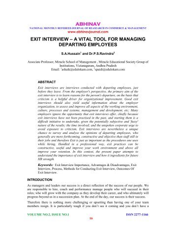 Exit Interview â A Vital Tool for Managing Departing Employees