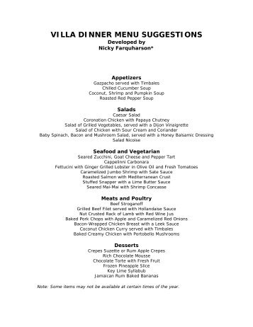 villa dinner menu suggestions - Sun Villas