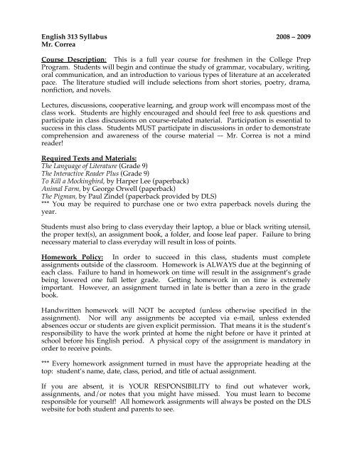 English 313 Syllabus 2008 – 2009 Mr. Correa Course Description ...