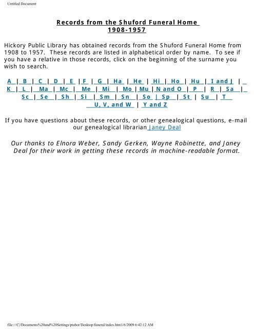 Records from the Shuford Funeral Home 1908-1957 ... - City of Hickory