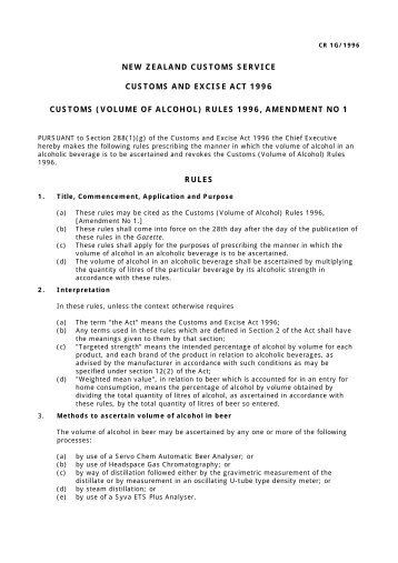 Volume of Alcohol - New Zealand Customs Service