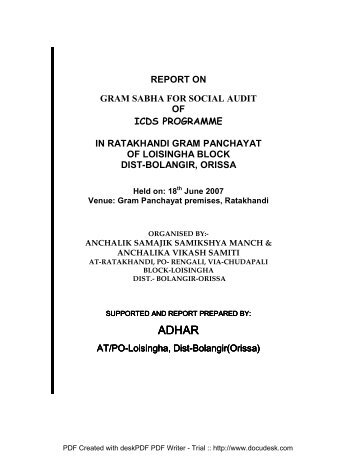 Report on Gram Sabha for Social Audit of the ICDS Programme in ...