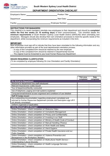 SWSLHD Departmental Orientation Checklist - South Western ...