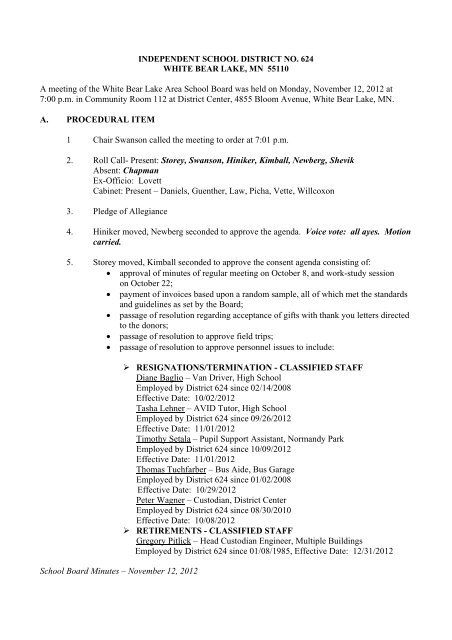 School Board Minutes â November 12, 2012 A meeting of the White ...