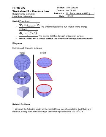 PHYS 222 Worksheet 3 Gauss Law Answers - Iowa State University