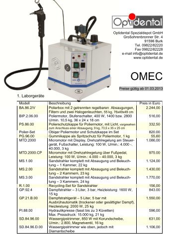 Omec Preisliste 2013 - Optidental