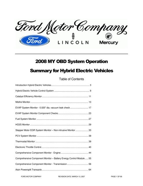 OBD System Operation Summary for Hybrid Electric Vehicles(HEV)