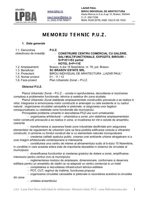 MEMORIU TEHNIC P.U.Z. - Primaria Municipiului Brasov