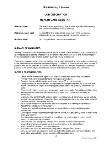 JOB DESCRIPTION HEALTH CARE ASSISTANT - Primary Health ...