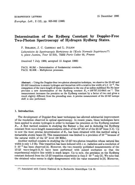 Determination of the Rydberg Constant by Doppler-Free Two ...