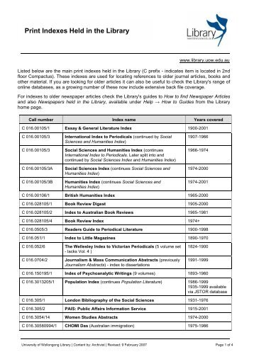 List of print indexes held in the Library - Library Catalogue ...