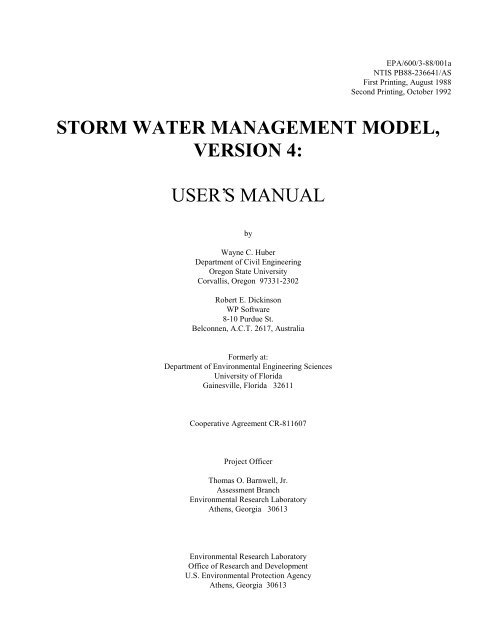 storm water management model, version 4: user's manual
