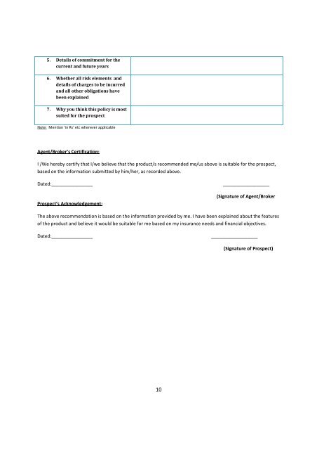 Standard Proposal Form For Life Insurance Policies - IRDA