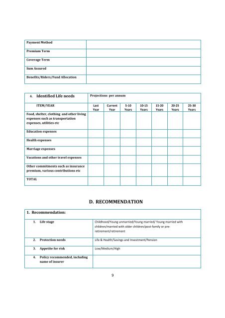 Standard Proposal Form For Life Insurance Policies - IRDA