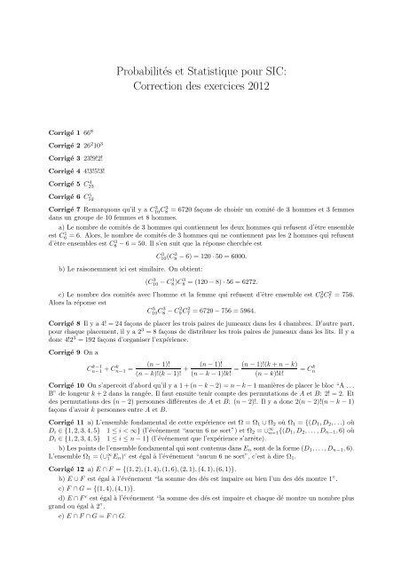 ProbabilitÃ©s et Statistique pour SIC: Correction des exercices 2012