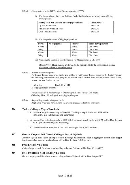 TARIFF INDEX - Port Of Fujairah