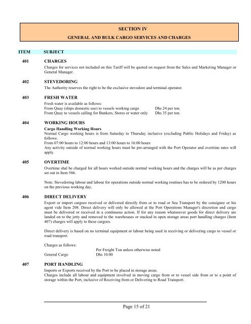 TARIFF INDEX - Port Of Fujairah