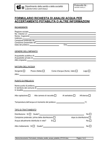 formulario richiesta di analisi acqua per accertamento potabilitÃ  o ...