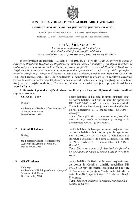 Hotărârea cu privire la conferirea gradelor ştiinţifice şi a titlurilor ...