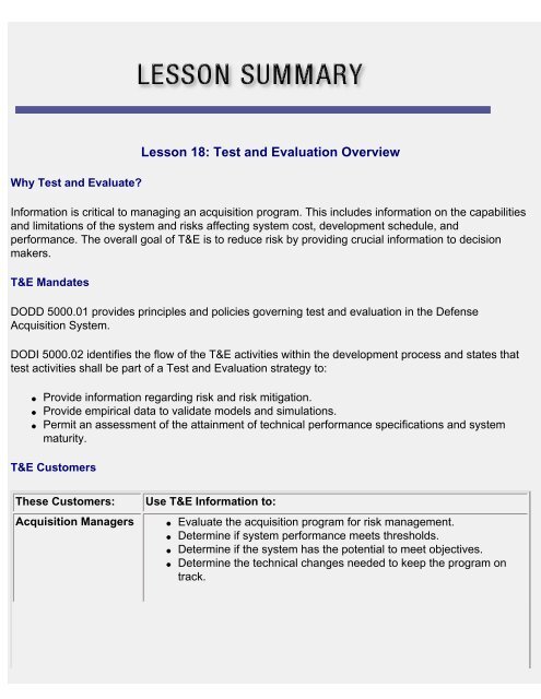 DAU Lesson 18: Test and Evaluation Overview - AcqNotes.com