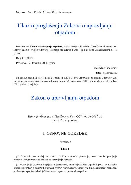 Ukaz o proglaÅ¡enju Zakona o upravljanju otpadom Zakon o ...