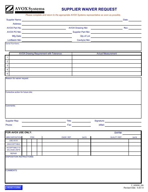 Supplier Waiver Request - AVOX Systems, Inc.