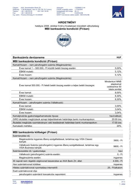 AXA Bankszámla kondíciói - MBI