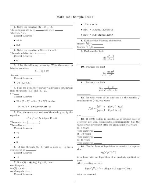 Math 1351 Sample Test 1