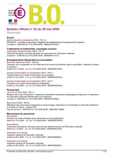 Bulletin officiel nÂ° 22 du 28 mai 2009 - AcadÃ©mie d'Amiens