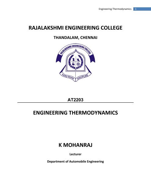 rajalakshmi engineering college engineering thermodynamics k ...