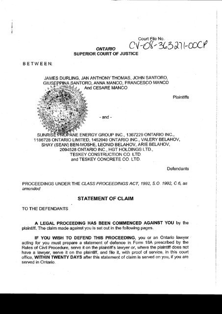 Consolidated statement of claim re: Sunrise Propane explosion