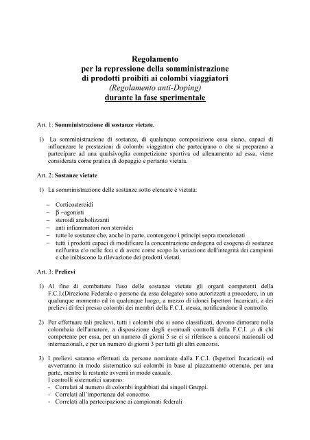 link regolamento antidoping - Federazione Colombofila Italiana